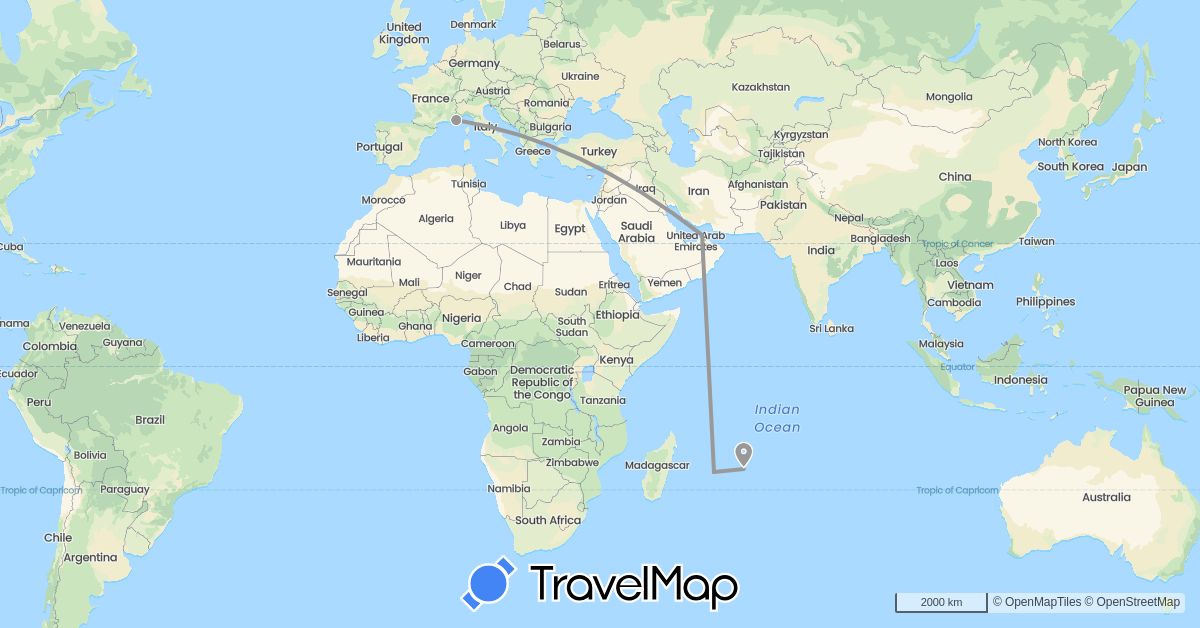 TravelMap itinerary: driving, plane in United Arab Emirates, France, Mauritius (Africa, Asia, Europe)